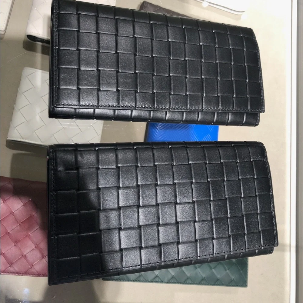 NWT Authentic Bottega Veneta Printed Grid Calf Leather Flap Long Wallet Black